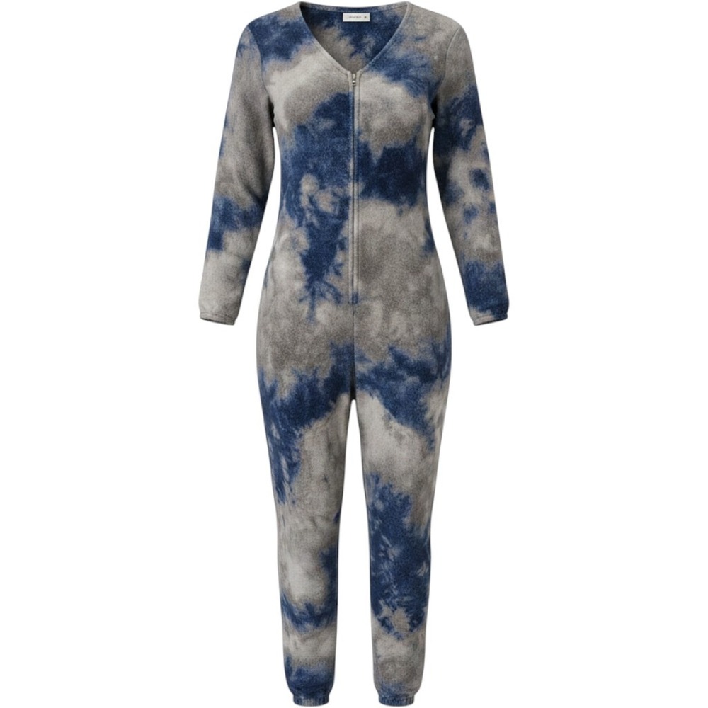 Natural Life Fleece‎ Jumpsuit Blue Grey Womens M Tie Dye Zip Front Loungewear
